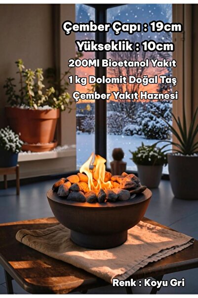 Technow Gri Dumansız Masa Şöminesi Ateş Çukuru (200ml Bioetanol+Hazne)