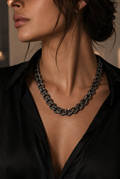 OEM Lanț Unisex Premium 50 cm cu Zirconii Negre | Stil Cuban Link Luxury | Oț...