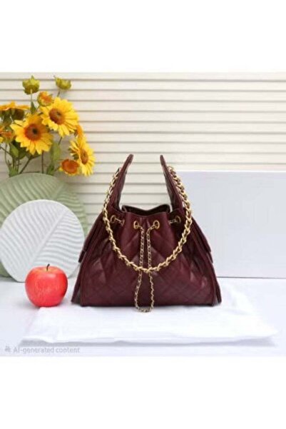 Generic Quilted Faux Leather Drawstring Bucket Bag with Gold-Tone Chain Strap