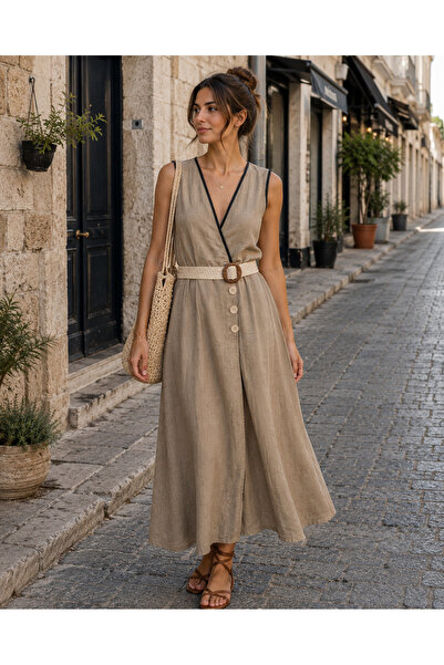 EREN STYLE Italian Waist-Wrapped Linen Dress (Length: 126 Cm.)