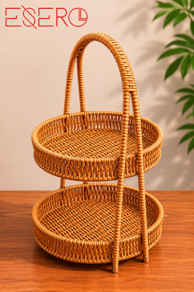 ESERO 1056 2 Katlı Hasır Meyvelik Rattan Organizer Sepet Dekoratif Sunumluk M...