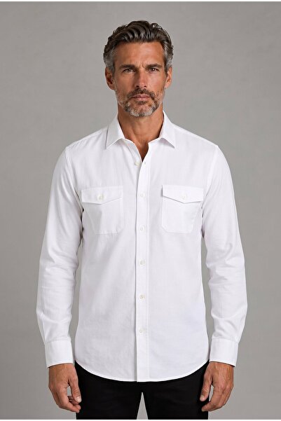 Bisse Beyaz Group Regular Fit Cotton Buttoned Pascha Collar Shirt