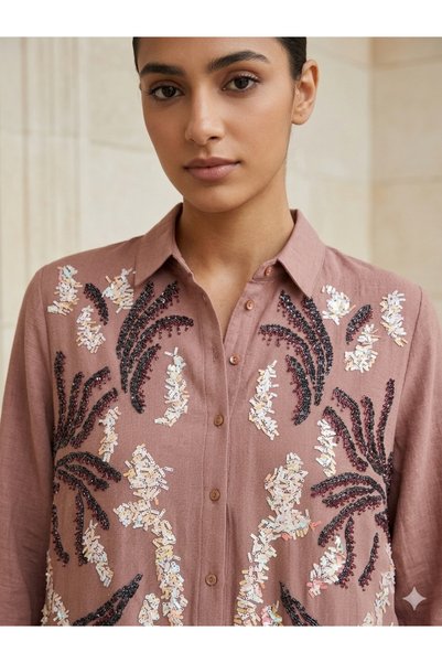 Orfeo Negro Luxurious Linen Blouse with Hand Embroidery - a Touch of Tranquil Elegance