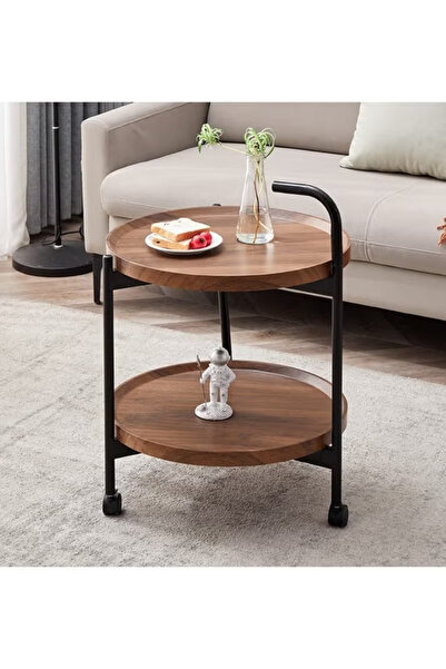table طاولة قهوة دائرية متحركة ذات طبقتين، عربة بطبقتين، عربة وجبات خفيفة لغر...