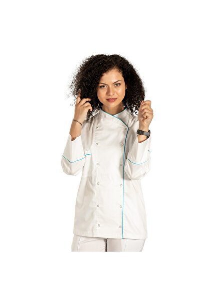 RUNI Women's chef's tunic, white, with long sleeves, snap closure