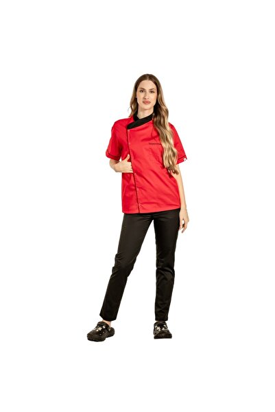 RUNI Uniforma bucatar dama rosie tip tunica cu capse si pantaloni cu snur si ...