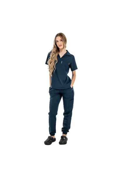 RUNI Navy blue stretch polo medical suit, with V-neck blouse and jogger pants...