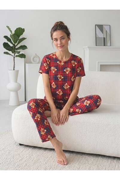 STELLAPİNK Teddy Bear Plaid Milan Short Sleeve Pajama Set