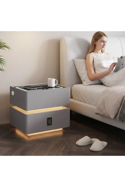 table طاولة سرير متعددة الوظائف مع تخزين على مستويين، تتميز بإضاءة تعمل بالحر...