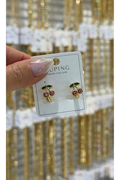 SU PERİSİ TAKI BİJUTERİ XUPİNG KARARMAZ GOLD 14K KİRAZ DETAYLI MİNİ HALKA ÇOC...