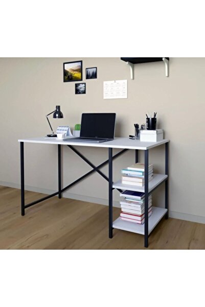 Wooden City Ahşap Metal Çalışma Masası Ofis, Bilgisayar,Laptop Beyaz 114x53x7...