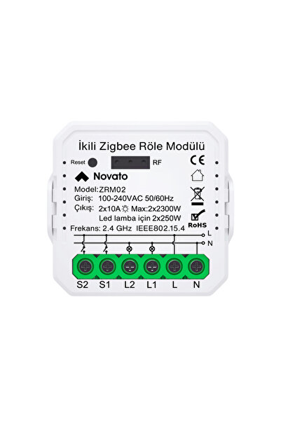 Novato Zigbee Çift Çıkışlı Röle ( Tuya, Smart Life Uyumlu )