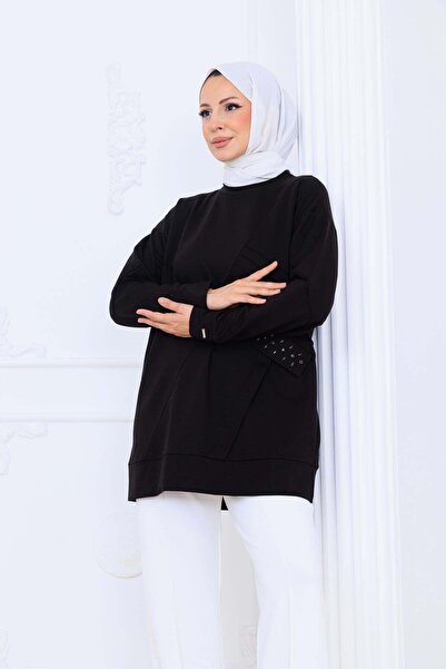 Moodbasic Nervür Detaylı Cebi Taşlı Tunik - Siyah