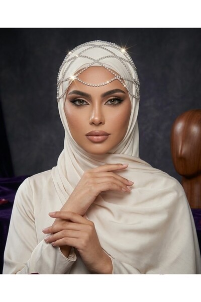 PERLMUTT Gümüş Kristal Taşlı Zincirli Alınlık Gelin Tacı Beyaz İncili Hijab C...