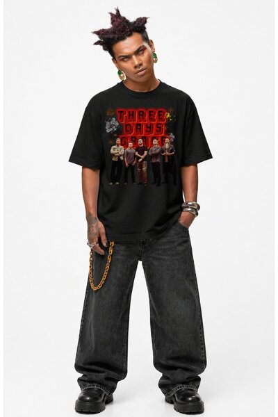Fuddy Moda Μπλουζάκι Unisex Oversize με στάμπα με θέμα την ροκ μπάντα Three D...