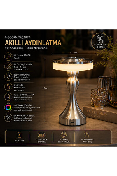 İki Yedi Konsept Karyatid Gümüş Krom Akıllı Masa Lambası Şarjlı Kablosuz Doku...