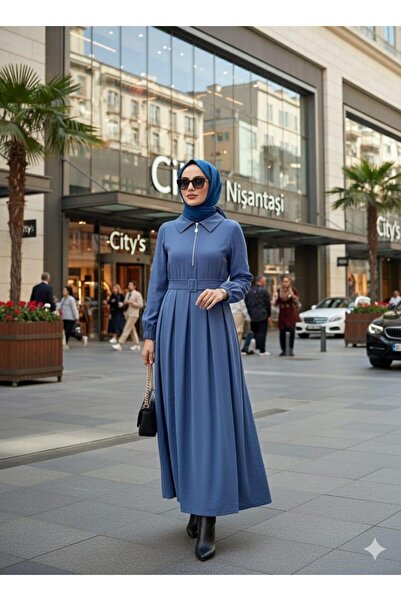 Moodbasic Kemerli Tencel Cupra Elbise - Lacivert