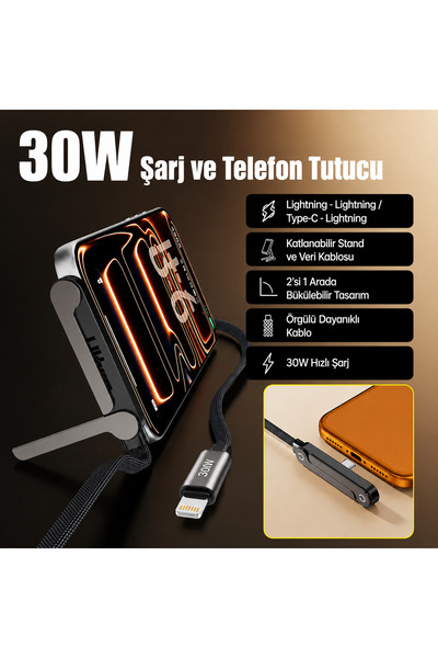 instatech İPhone lightning Giriş Kablo Stand Özellikli Katlanabilir Data Kabl...