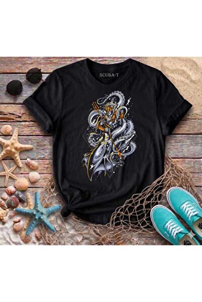 ScubaPromoTurkey Poseidon Octopus War Visually Printed Black Cotton T-Shirt