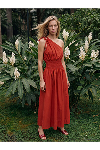 LC Waikiki Rmz Gi̇yi̇m Farkiyla One-Shoulder, Fitted at the Waist, Poplin Dress