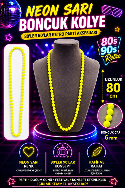Tamsena Store Neon Sarı Boncuk Kolye 80 cm – 80’ler 90’lar Retro Parti Kolyes...