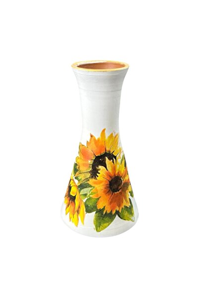 OEM White ceramic vase with rim, 25 cm, decorated with sunflowers – flared mo...