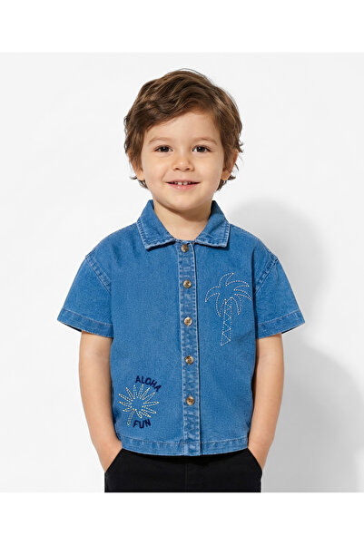 Bonfino Woven 100% Cotton Oversized Denim Shirt with Embroidery Details - Mid...