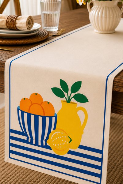 ayshome textile Ays Home Navy Blue Striped Lemon Pattern Runner (45 cm X135 cm)