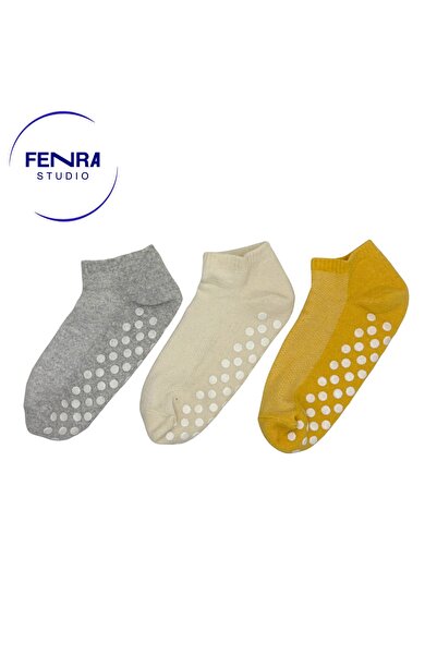 FENRA STUDIO Pachet de 3 șosete de damă, gri, crem, galbene, din bumbac, cu t...