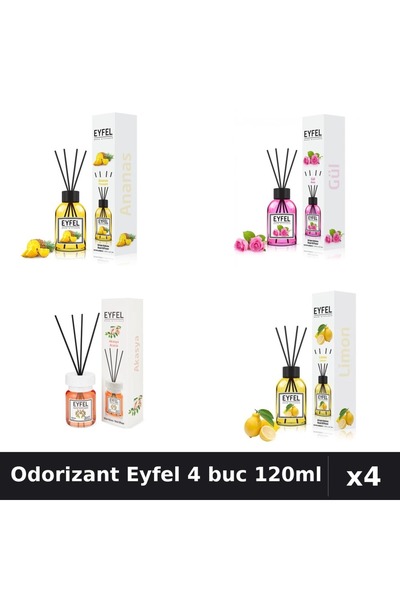 Eyfel Set 4 Odorizant Camera cu Betisoare - Ananas, Trandafir, Acacia, Lamaie...