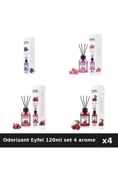 Eyfel Set 4 Odorizant Camera cu Betisoare 120ml - Zambile, Trandafir, Fructe,...
