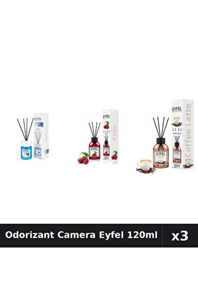 Eyfel Set 3 Odorizant Camera cu Betisoare - Cool Water, Cirese, Cafea, 120ml