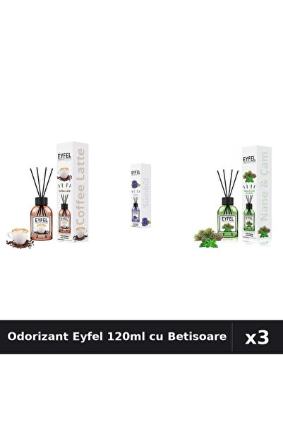 Eyfel Set 3 Odorizant Camera cu Betisoare - Cafea, Zambile, Pin Menta 120ml