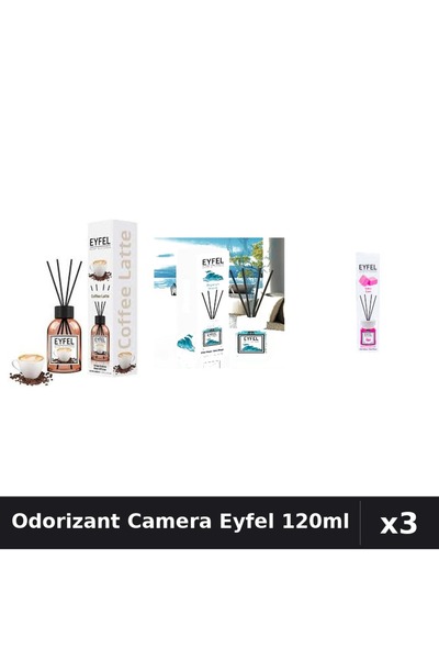 Eyfel Set 3 Odorizant Camera cu Betisoare - Cafea, Ocean, Bubble Gum 120ml