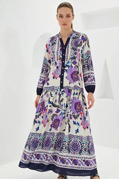buğrahayalin Women's High Collar Gathered Waist Floral Patterned Viscose Navy...