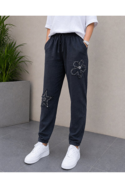 MENSAR OTANTİK Linen Trousers with Star and Daisy Embroidery. Length 100 Cm, ...
