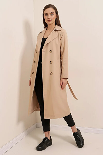 buğrahayalin Women's Double-Breasted Collared Belted Mink Trench Coat