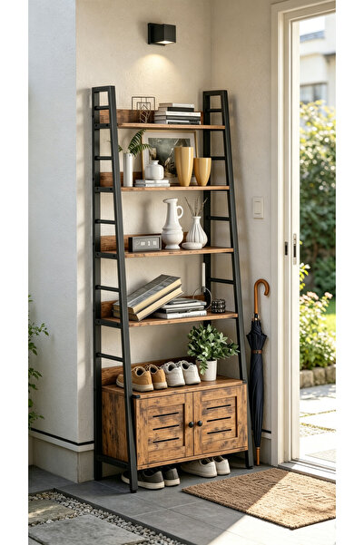 GoldenLike Ladder Shelf with Cabinet, 5-Tier Freestanding Storage Rack, Trape...