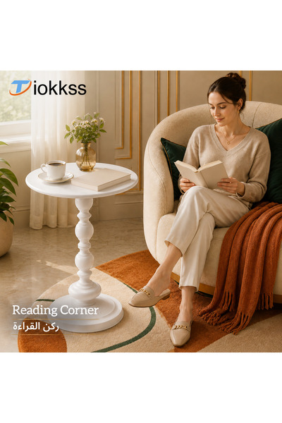 Tiokkss طاولة جانبية بيضاء مستديرة بقطر 40 سم، طاولة قهوة صغيرة بقاعدة عتيقة ...