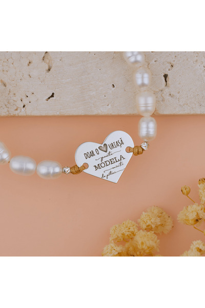 BLACK SWAN Bijoux Bratara Perle cu Inima Argint 925 si Mesaj gravat — Cadou E...
