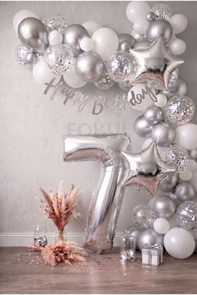FOKUL Gümüş Beyaz Balon Seti 7 Yaş Doğum Günü Parti Seti Happy Birthday Yazı ...