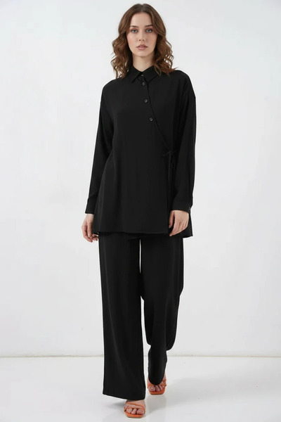 buğrahayalin Women's Shirt Collar Lace-Up Viscose Black Double Set