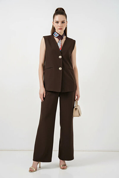 Şeker Portakalım Women's V-Neck Buttoned Vest Wide-Leg Pants Brown Two-Piece Set