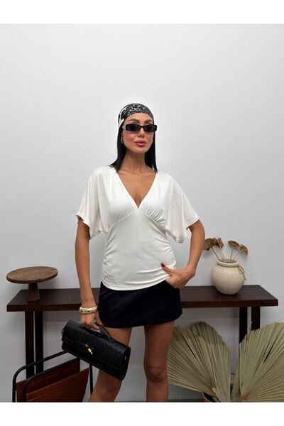 DAME Women's Deep V-Neck Side Gathered Cotton Trendy T-Shirt