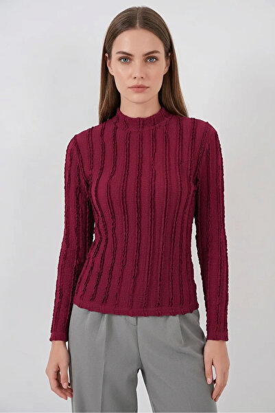 buğrahayalin Women's High Collar Textured Burgundy Blouse