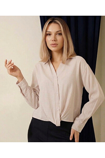 EsSo butik Kadın Modal Kumaş Büzgü Detaylı Crop Gömlek