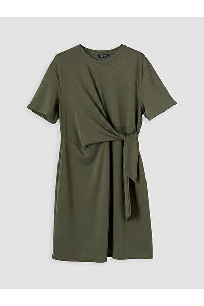 LC Waikiki Nevavm Oval Collar Tie-Up Gathered Dress with a Difference