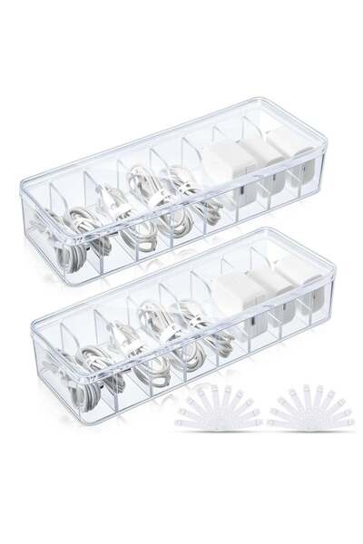 Arabest 2-Pack Cable Organizer,Clear Plastic Cord Storage Box with Lid,20 Wir...