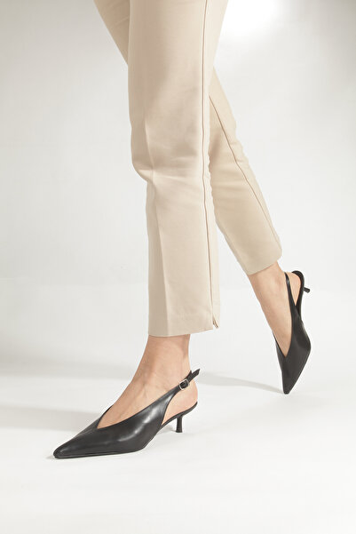PİMORA Black Leather Pointed Toe, Open Back, Low-Cut, Buckle Detailed, 4 cm T...