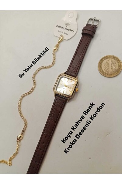 Brality Vintage Design Model, Gold Color Case, Silver Color Dial, Dark Brown ...